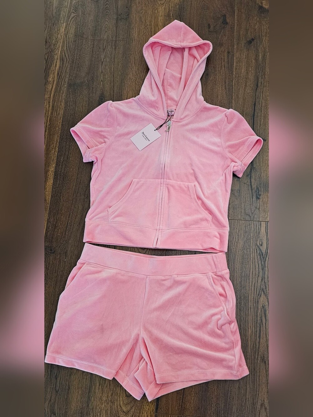 Juicy Couture Pink Velour Hoodie Shorts Set NWT Size L Rhinestone Logo